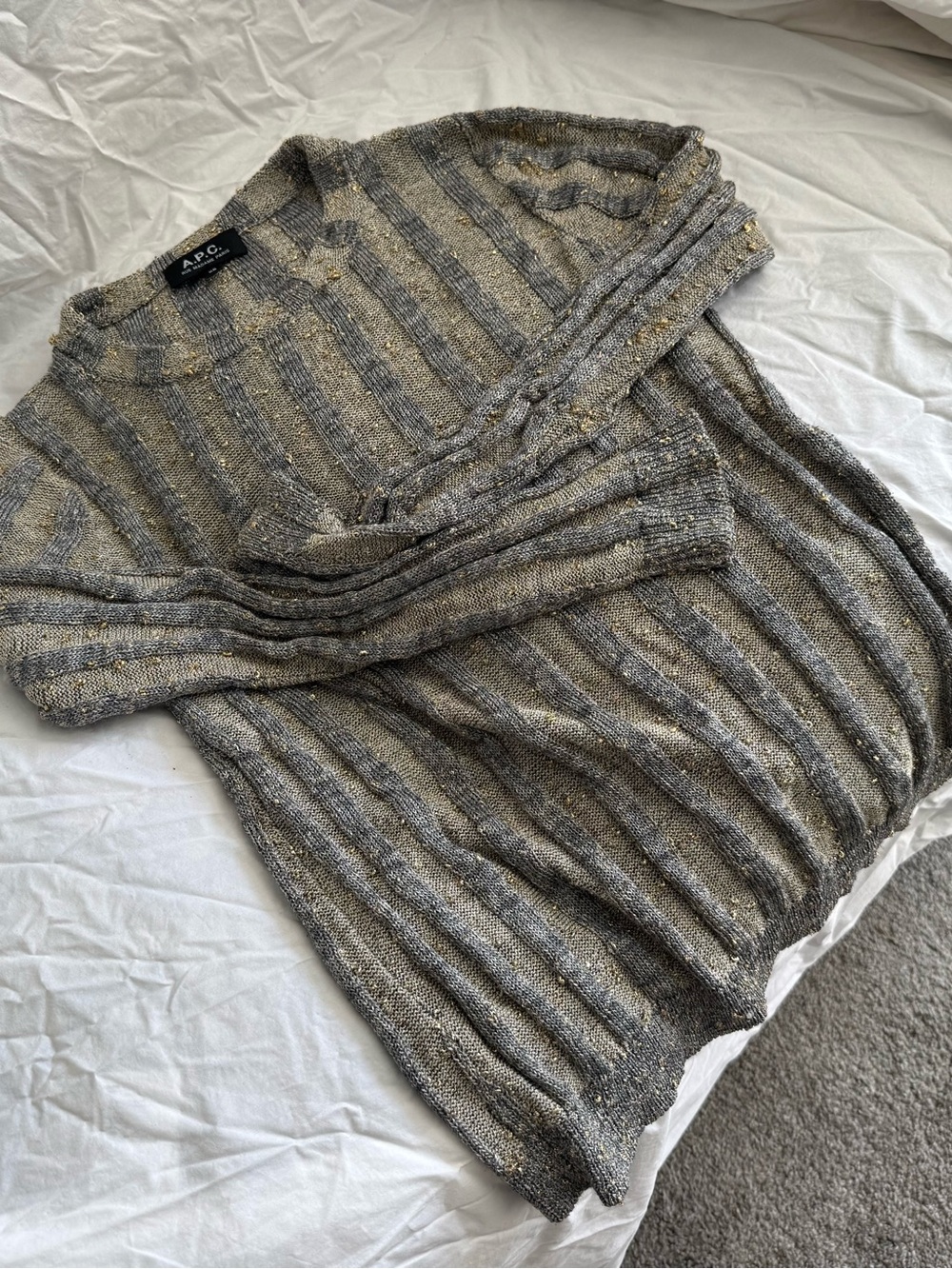 A.P.C. Striped Gray and Tan Ribbed Crewneck Sweater